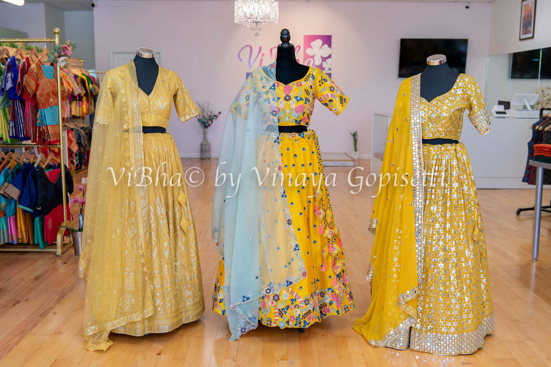 Bridal Lehengas - Mustard Yellow Kundan And Cut Dana Embroidered Lehenga Set