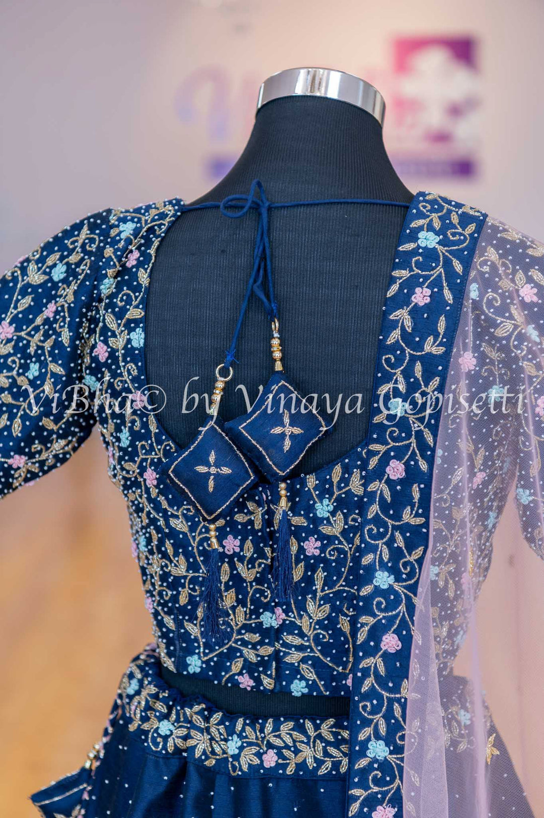 Bridal Lehengas - Navy Blue And Pastel Pink Pearl And Zardosi Embroidery Lehenga Set