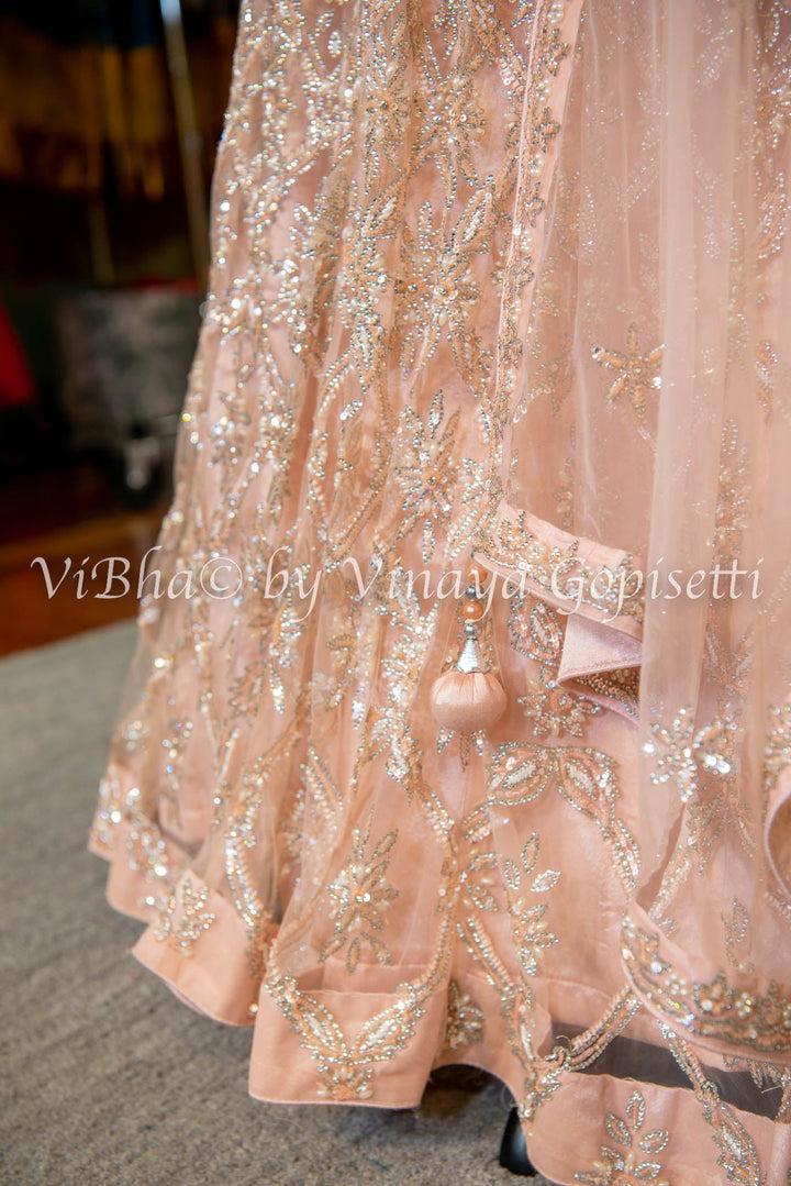 Bridal Lehengas - Pastel Pink Peach Cutdana Embroidered Lehenga Set