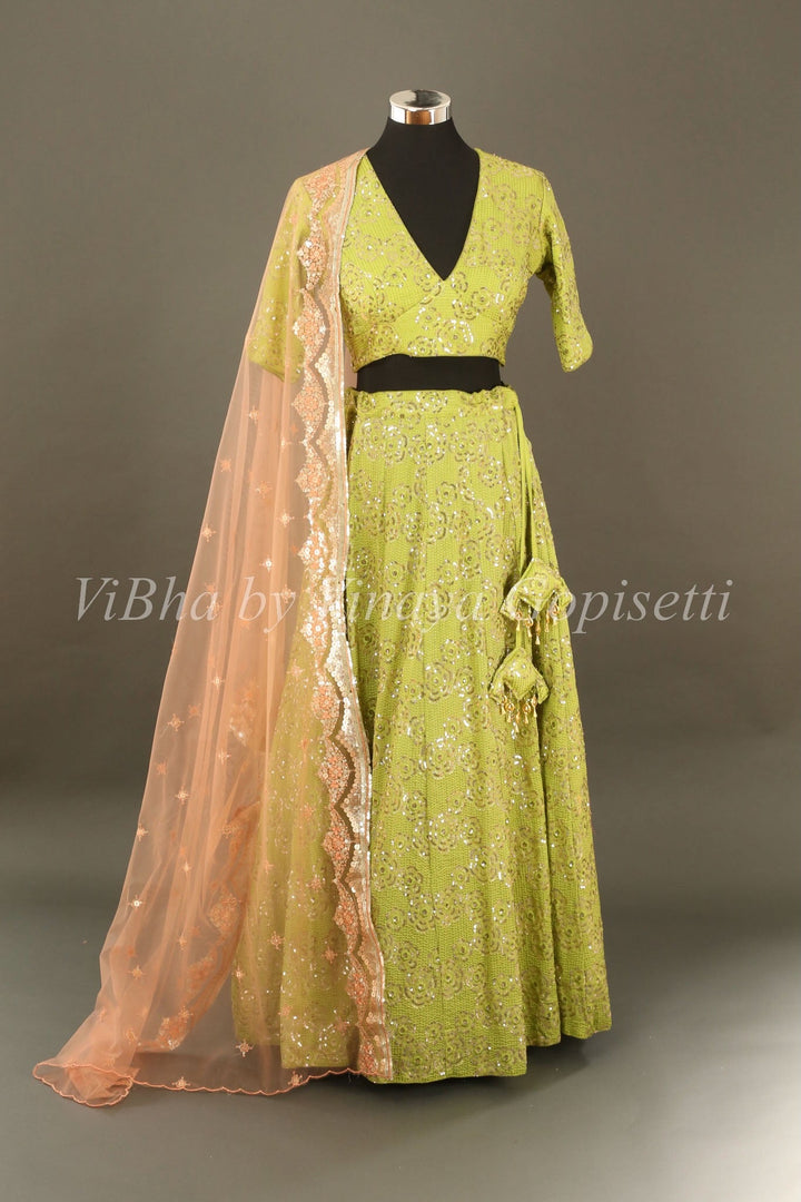 Bridal Lehengas - Pear Green And Peach Sequins Embroidered Lehenga Set