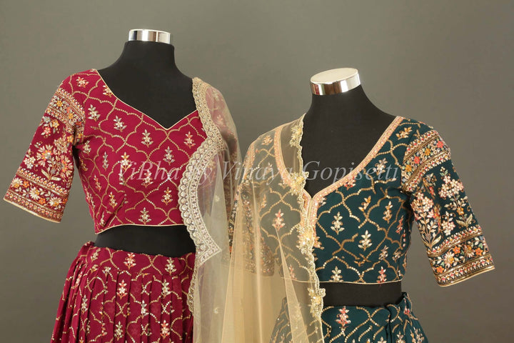 Bridal Lehengas - Pine Green And Gold All Over Embroidered Lehenga Set