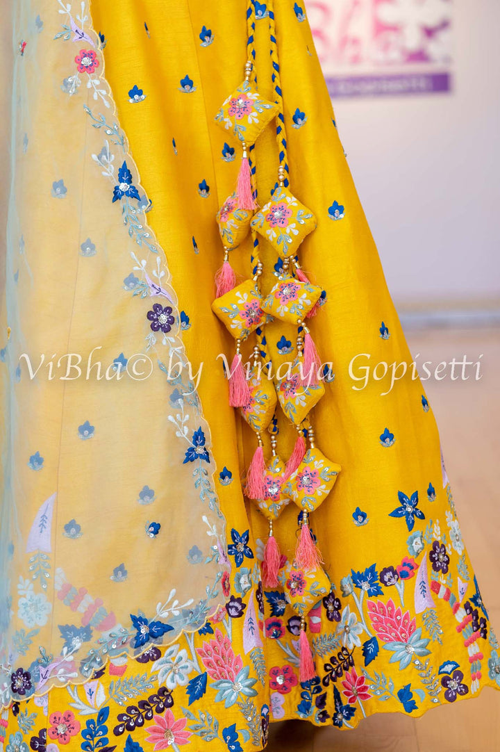 Bridal Lehengas - Sunflower Yellow Multicolor Floral Embroidered Lehenga Set