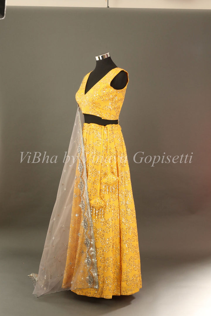 Bridal Lehengas - Yellow And Grey Sequins Embroidered Lehenga Set