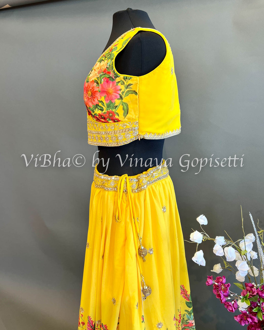 Bridal Lehengas - Yellow Geogette Floral Print Embroidered Lehenga Set