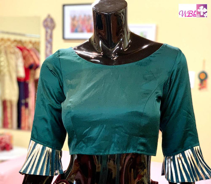 Dark Green Boat Neck Blouse With Ruffles