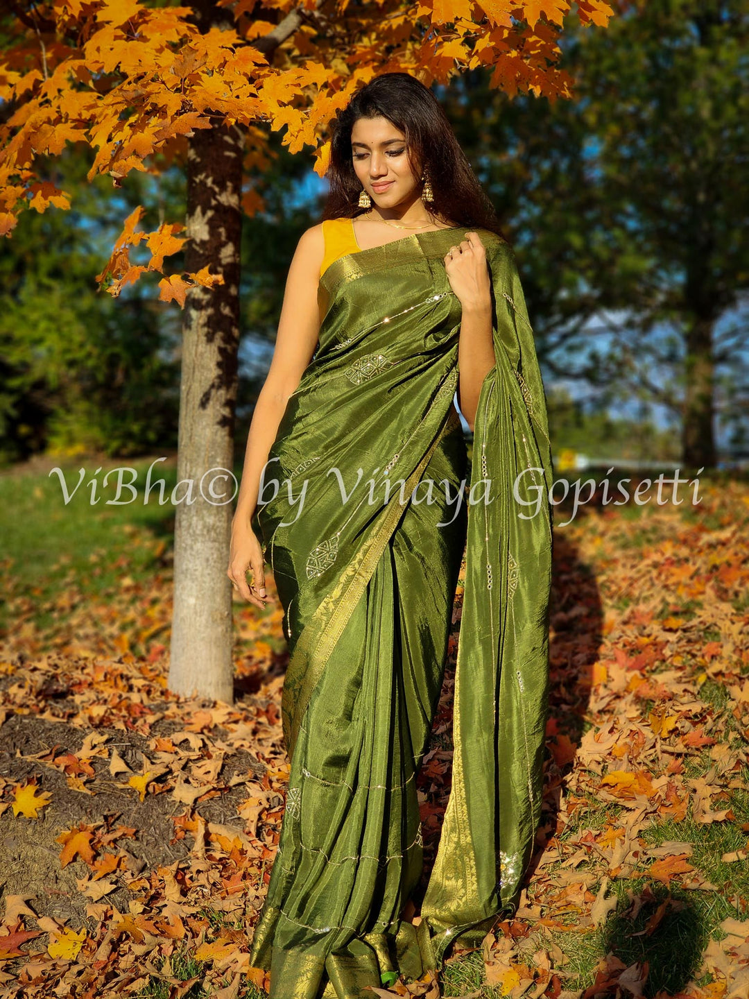 Designer Sarees - Mehendi Green & Mustard Yellow Chinoori Silk Saree