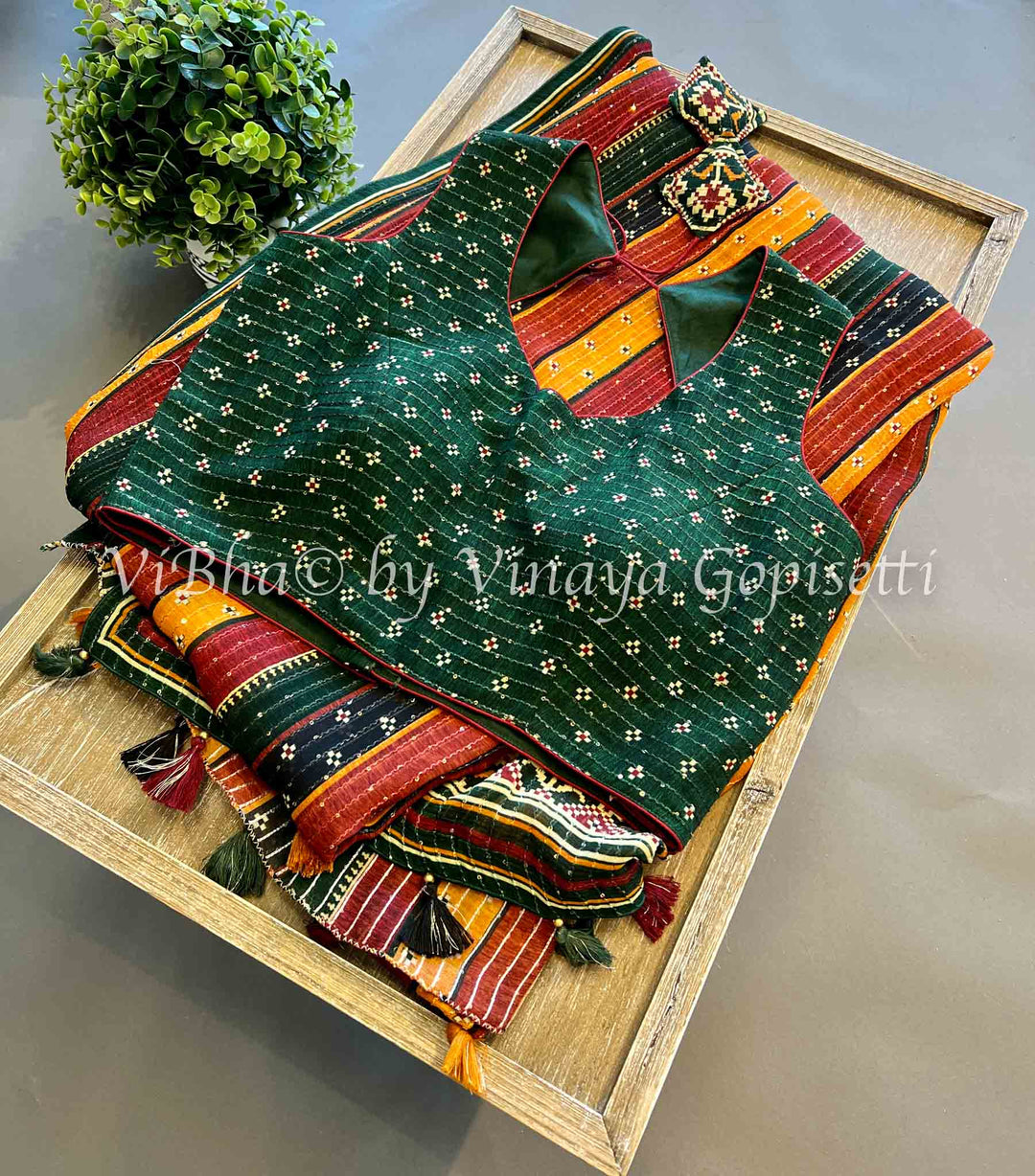 Designer Sarees - Multicolor Digital Print Georgette Saree With Sequins Work And Sleeveless Blouse