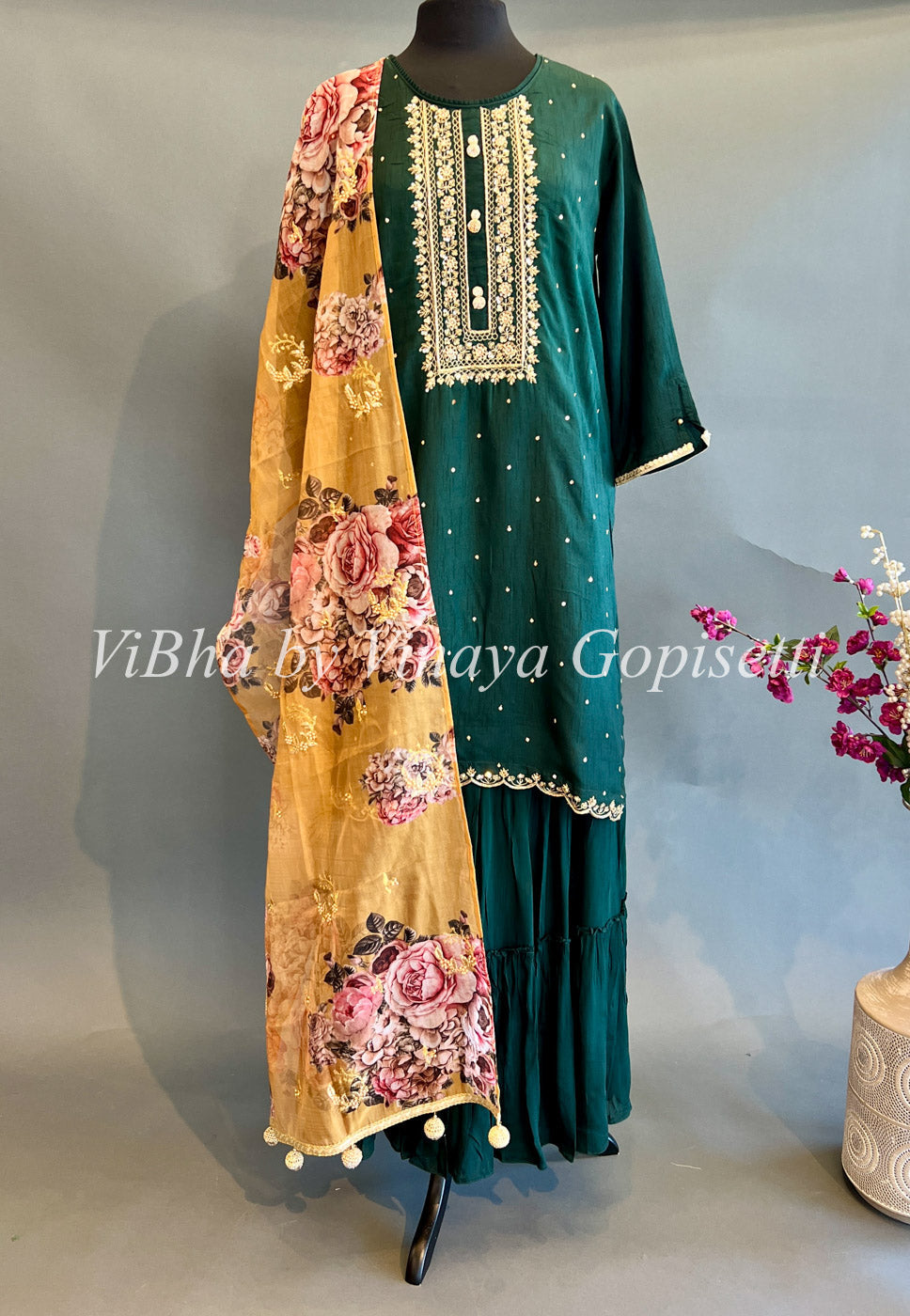 Designer Suits - Bottle Green Embroidered Sharara Set With Floral Dupatta