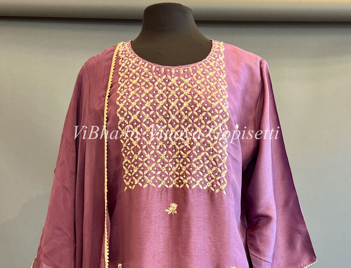 Designer Suits - Dark Mauve Embroidered Sharara Set