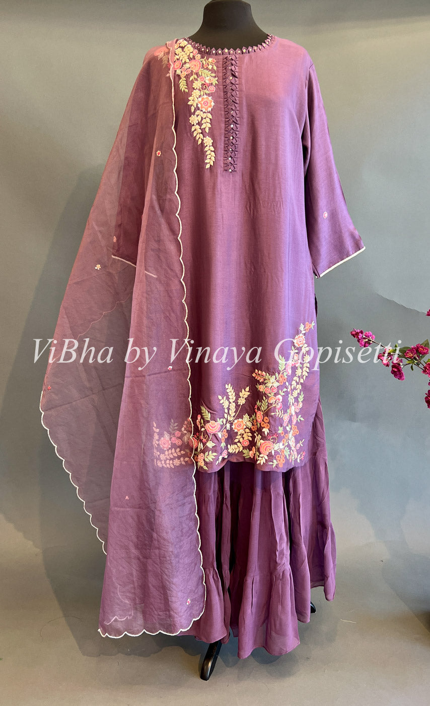 Designer Suits - Dark Mauve Floral Embroidered Sharara Set