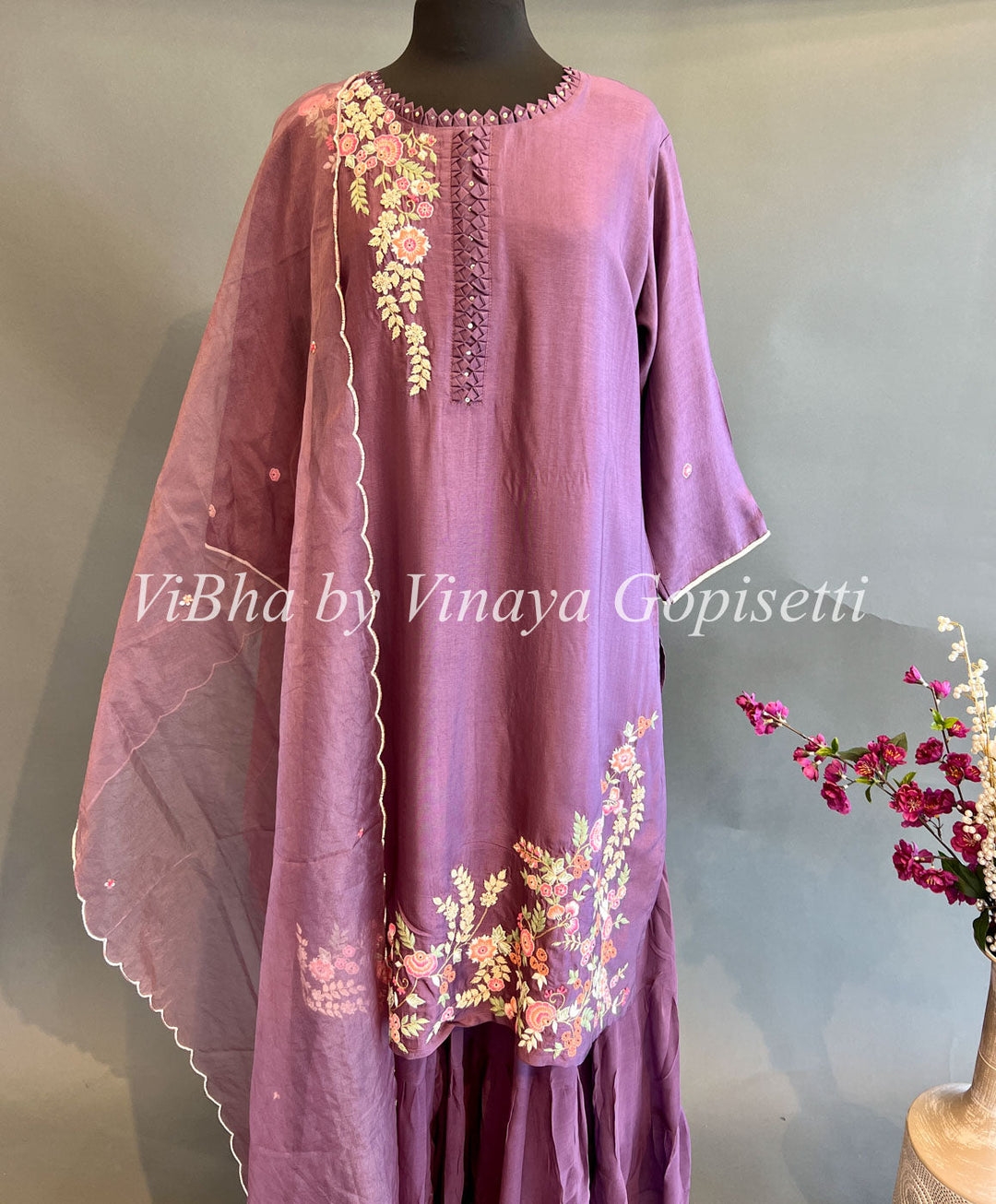 Designer Suits - Dark Mauve Floral Embroidered Sharara Set