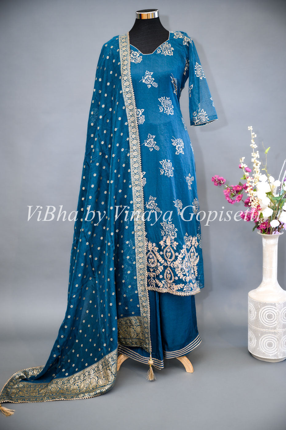 Designer Suits - Dark Teal Organza Palazzo Set Embellished With Foil Print And Gota Embroidery Work