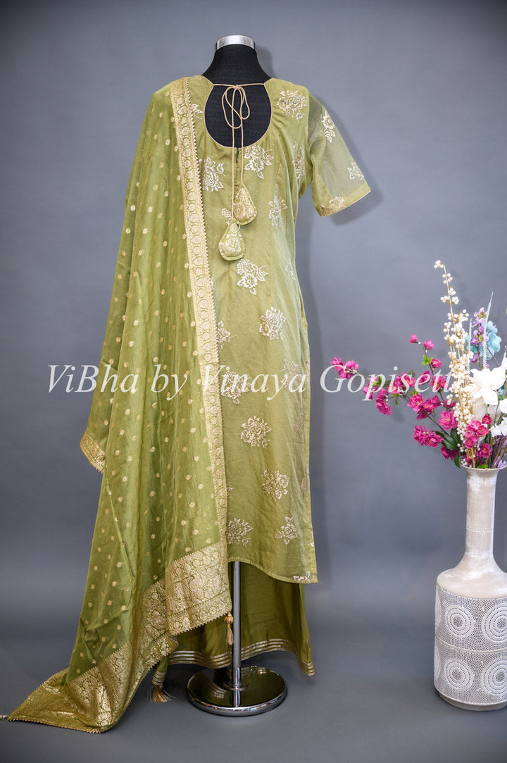 Designer Suits - Light Mehendi Green Organza Palazzo Set Embellished With Foil Print And Gota Embroidery Work