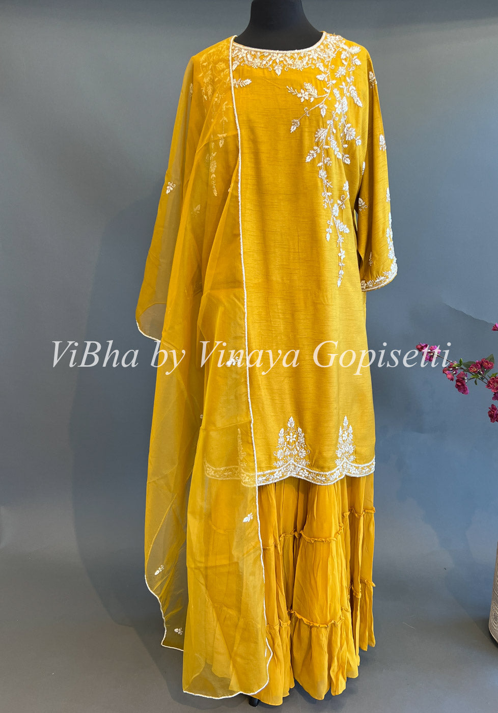 Designer Suits - Mustard Yellow Embroidered Sharara Set