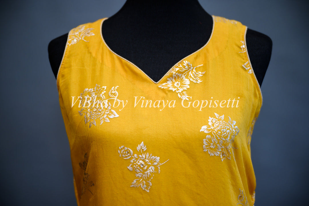 Designer Suits - Mustard Yellow Organza Parallel Set Embellished With Foil Print And Gota Embroidery Work