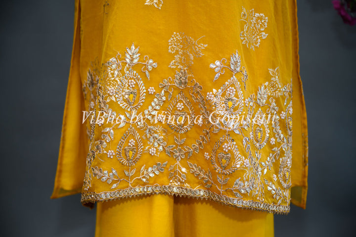Designer Suits - Mustard Yellow Organza Parallel Set Embellished With Foil Print And Gota Embroidery Work