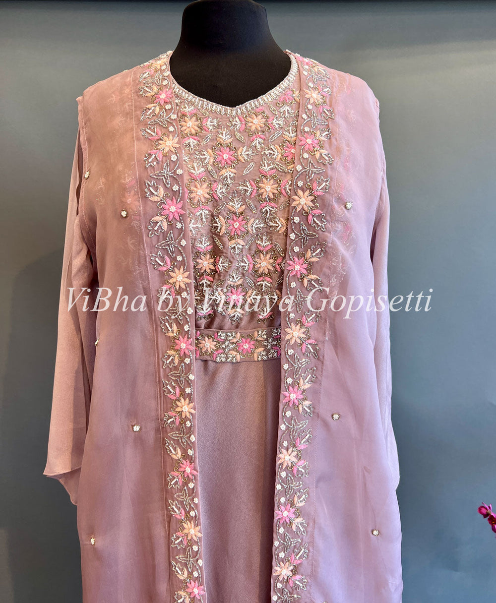 Designer Suits - Pastel Mauve Embroidered Floor Length Gown With Detachable Jacket And Belt