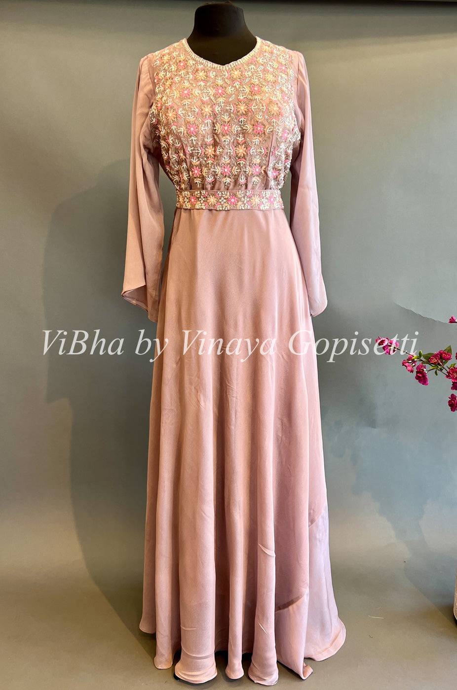 Designer Suits - Pastel Mauve Embroidered Floor Length Gown With Detachable Jacket And Belt