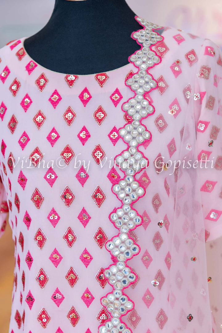 Designer Suits - Pink Faux Mirror Embroidered Sharara