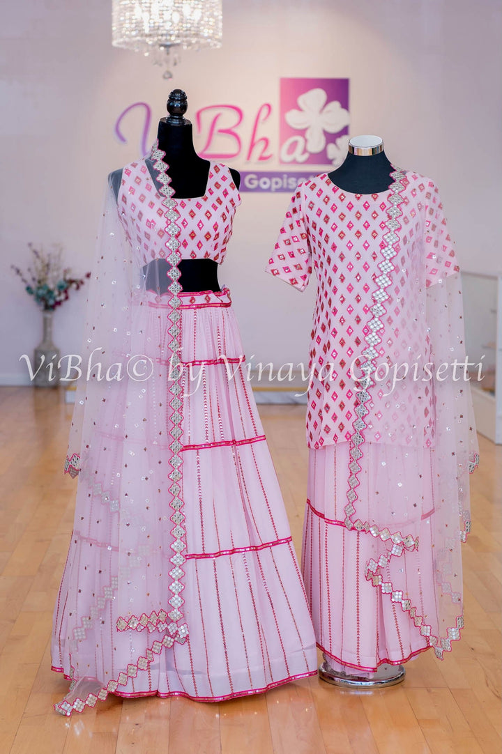 Designer Suits - Pink Faux Mirror Embroidered Sharara