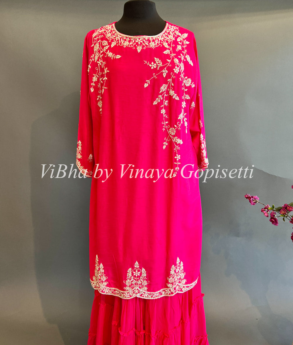 Designer Suits - Rani Pink Embroidered Sharara Set