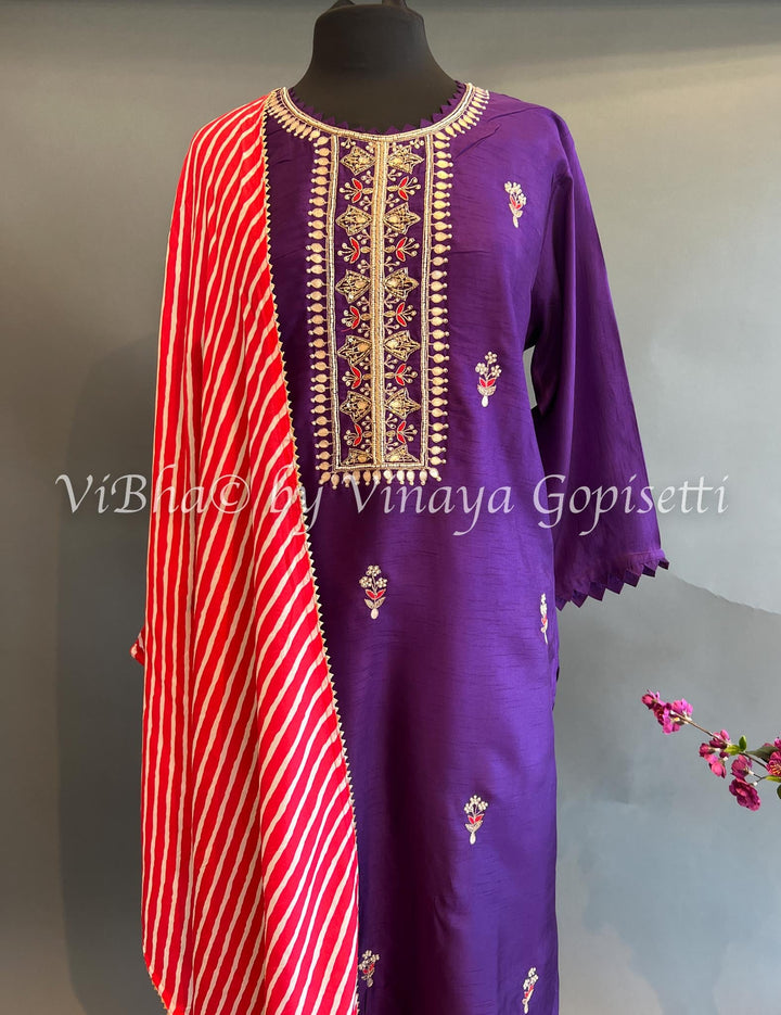 Designer Suits - Violet Embroidered Salwar Suit With Lehariya Dupatta