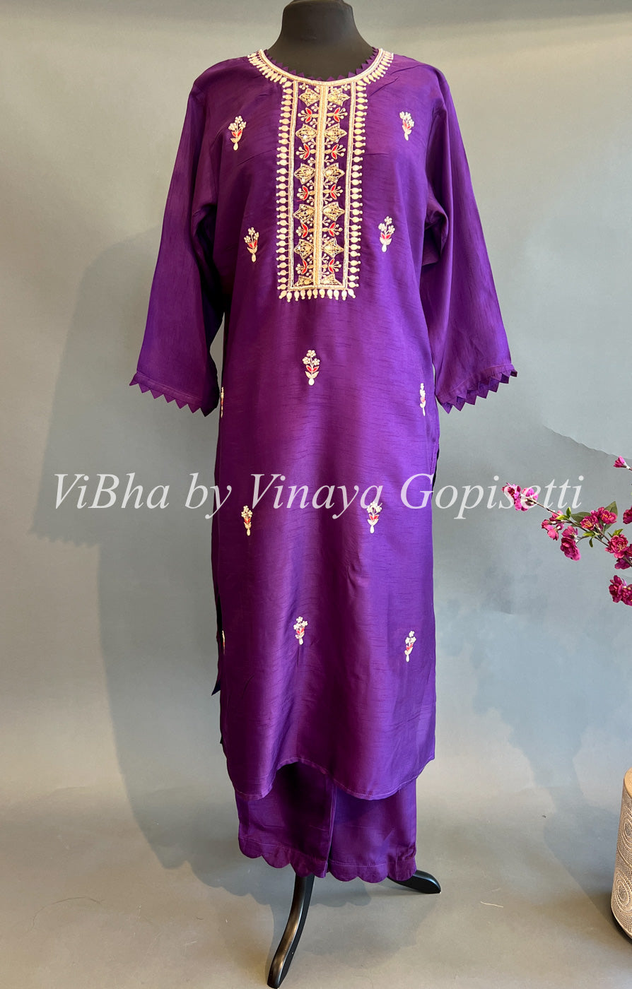 Designer Suits - Violet Embroidered Salwar Suit With Lehariya Dupatta