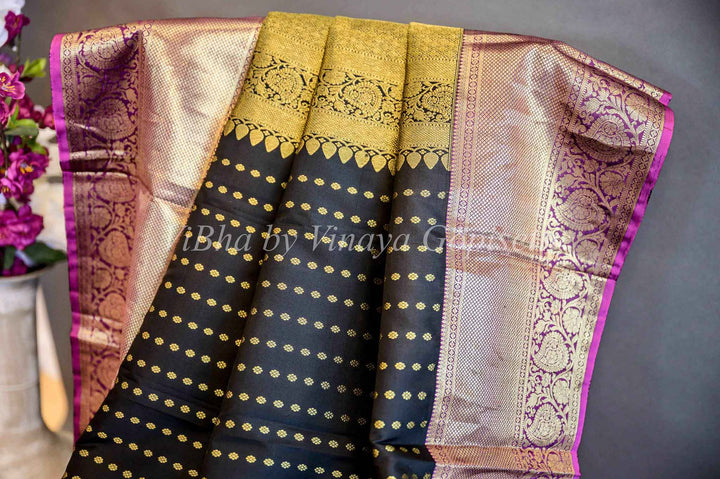 Dupatta - Black With Magenta Pink Borders Kanchi Silk Dupatta