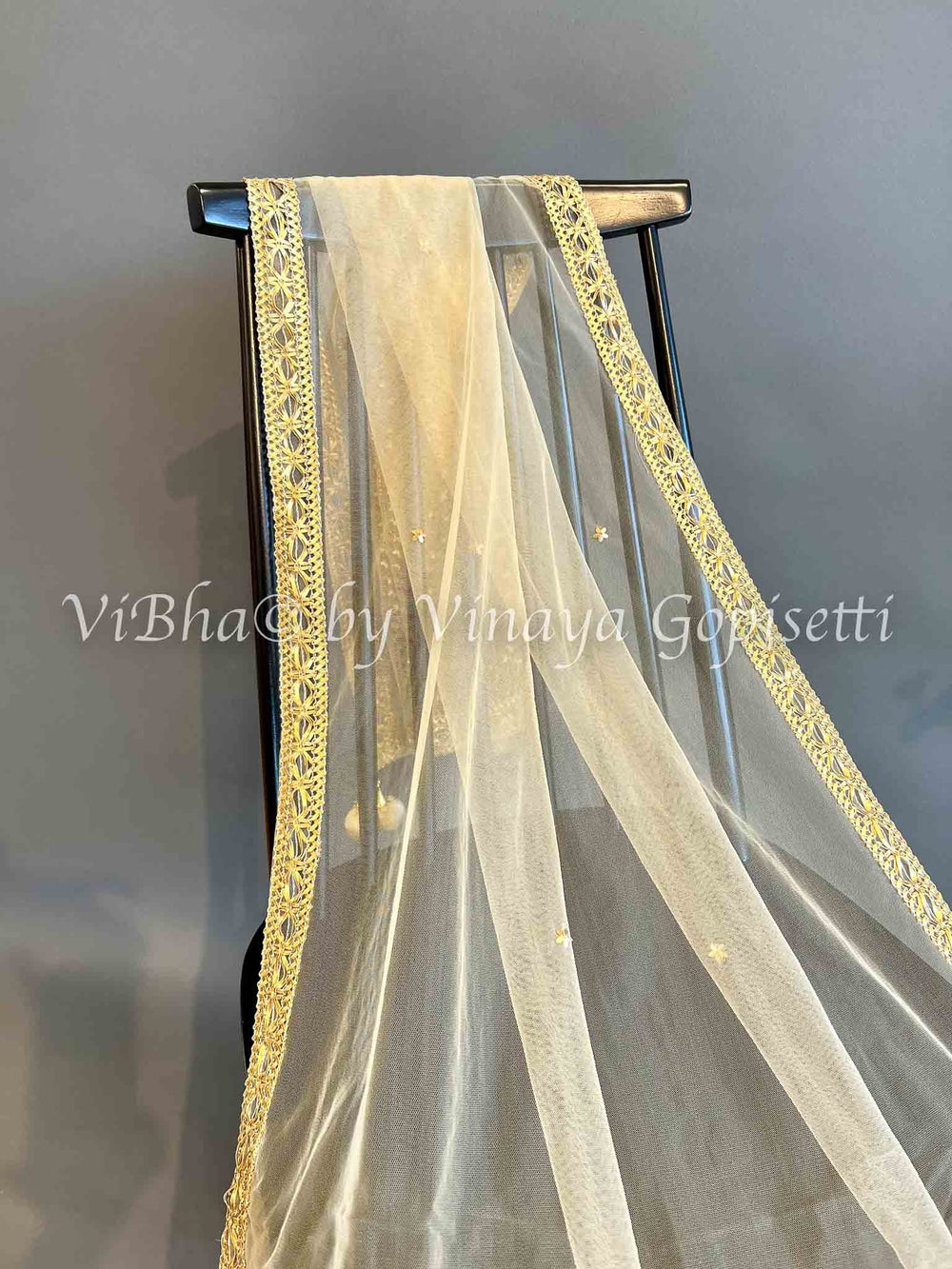 Dupatta - Gold Net Dupatta With Mirror Work