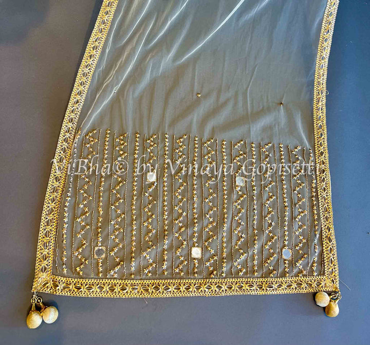 Dupatta - Gold Net Dupatta With Mirror Work