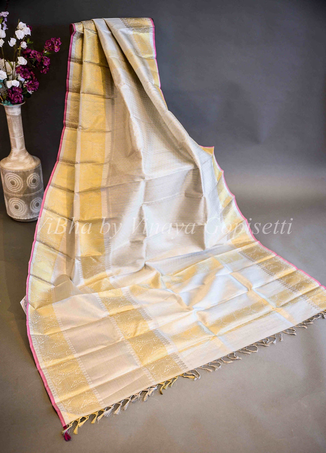 Dupatta - Ivory With Gold Borders Kanchi Silk Dupatta