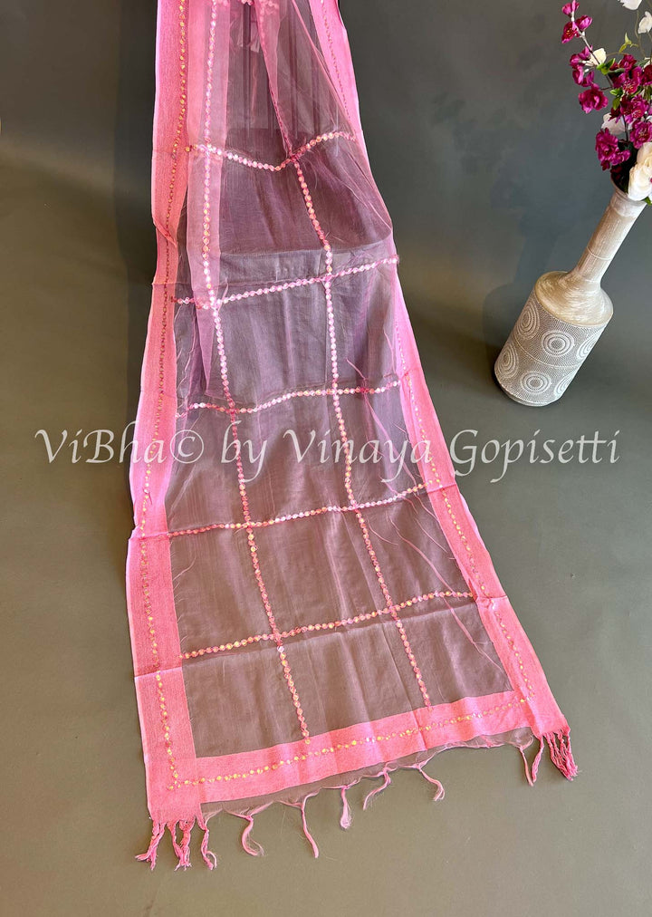 Dupatta - Pink Linen Dupatta With Mirror Work