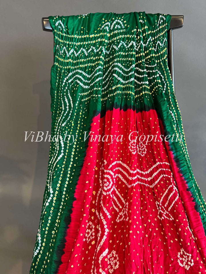 Dupatta - Red And Green Bandhej Silk Dupatta
