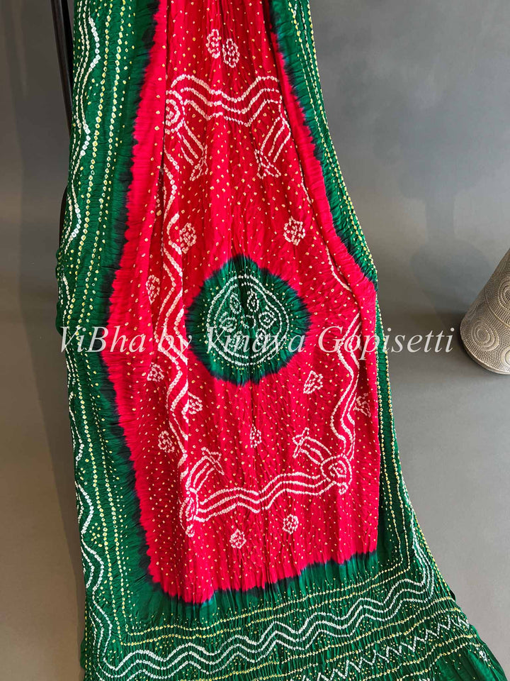Dupatta - Red And Green Bandhej Silk Dupatta