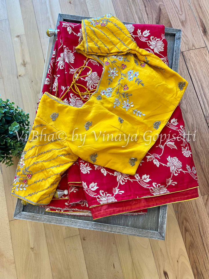 Fancy Saree - Red & Yellow Dola Silk Saree