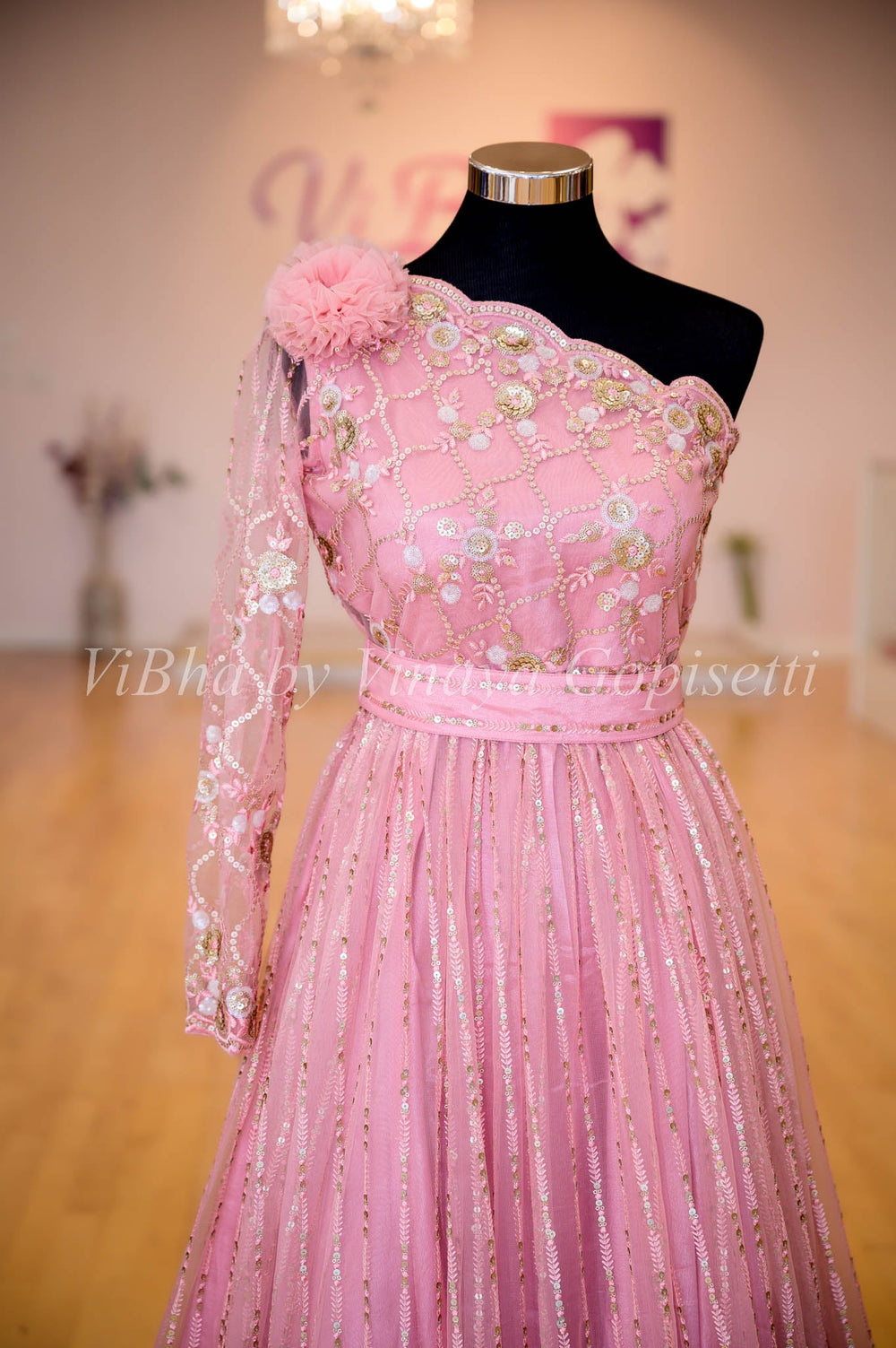 Gowns - Pastel Pink One Shoulder Embroidered Gown With Waist Belt