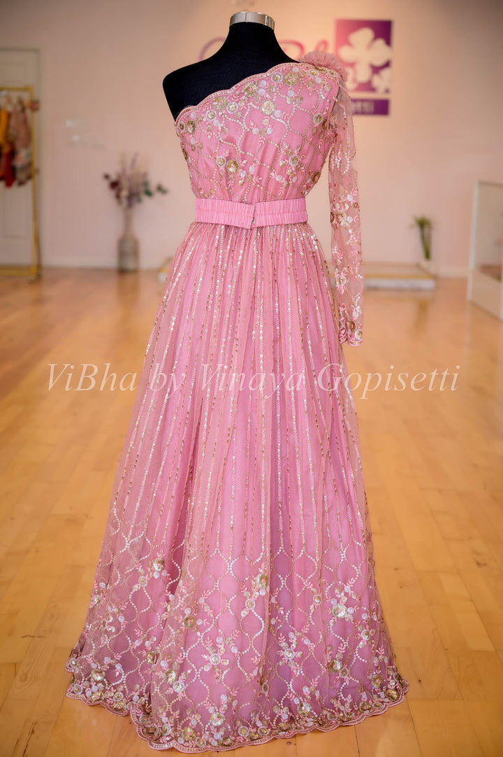 Gowns - Pastel Pink One Shoulder Embroidered Gown With Waist Belt