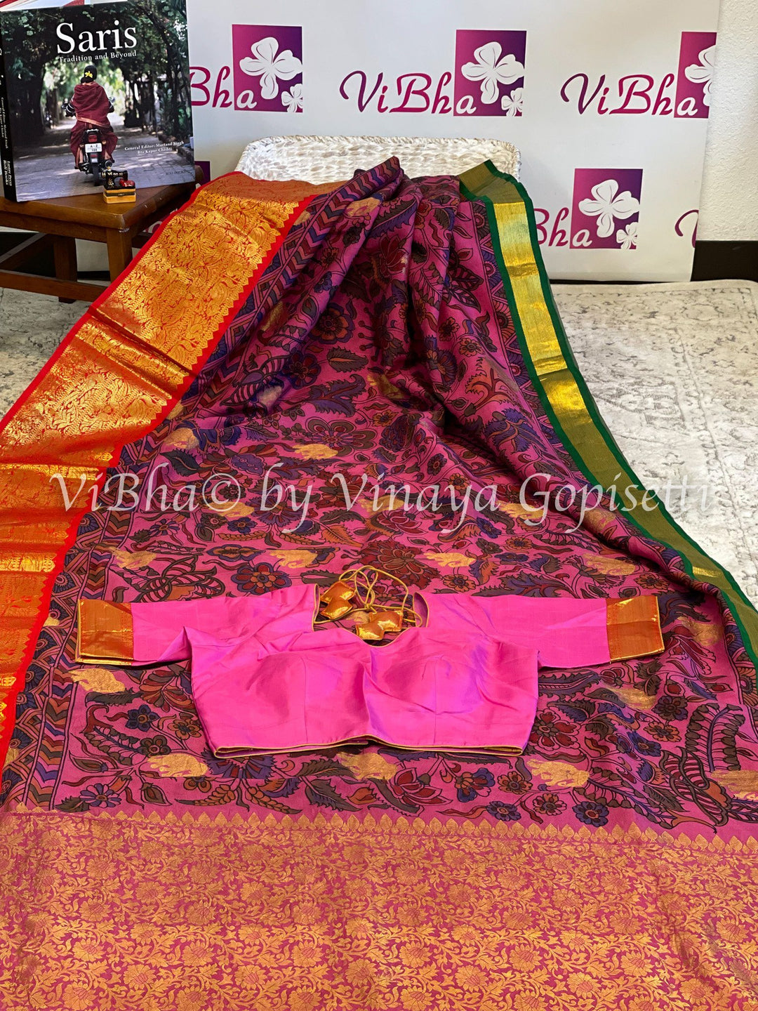 KALAMKARI SAREE - Kanjivaram Silk/Pen Kalamkari/Pink With Red / Green Ganga Jamunaborders/Saree And Blouse