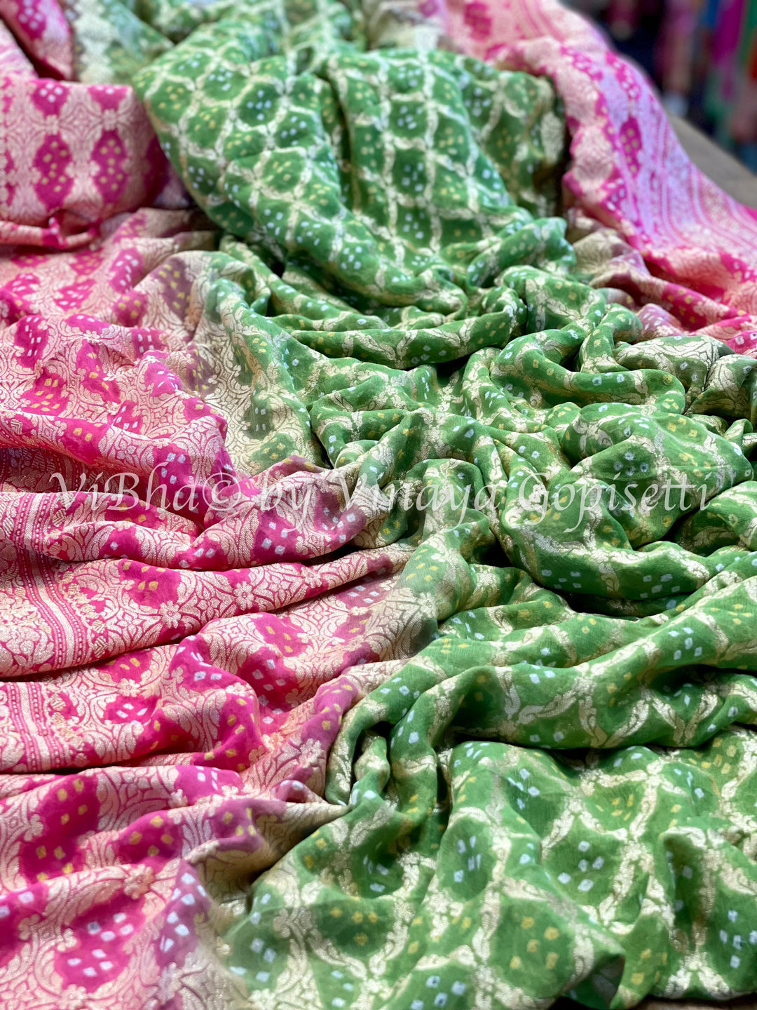 Kanchi Bandhini Saree - Green And Light Pink Bandhani Georgette Saree