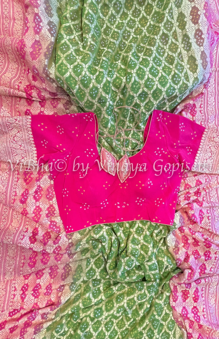 Kanchi Bandhini Saree - Green And Light Pink Bandhani Georgette Saree