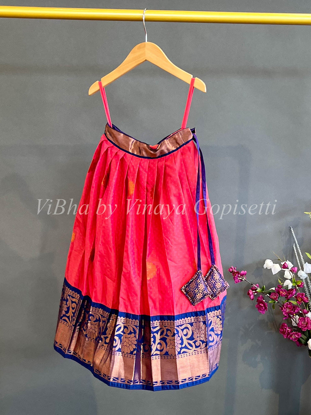 Kids Wear - Coral And Ink Blue Kanchi Silk Skirt And Top
