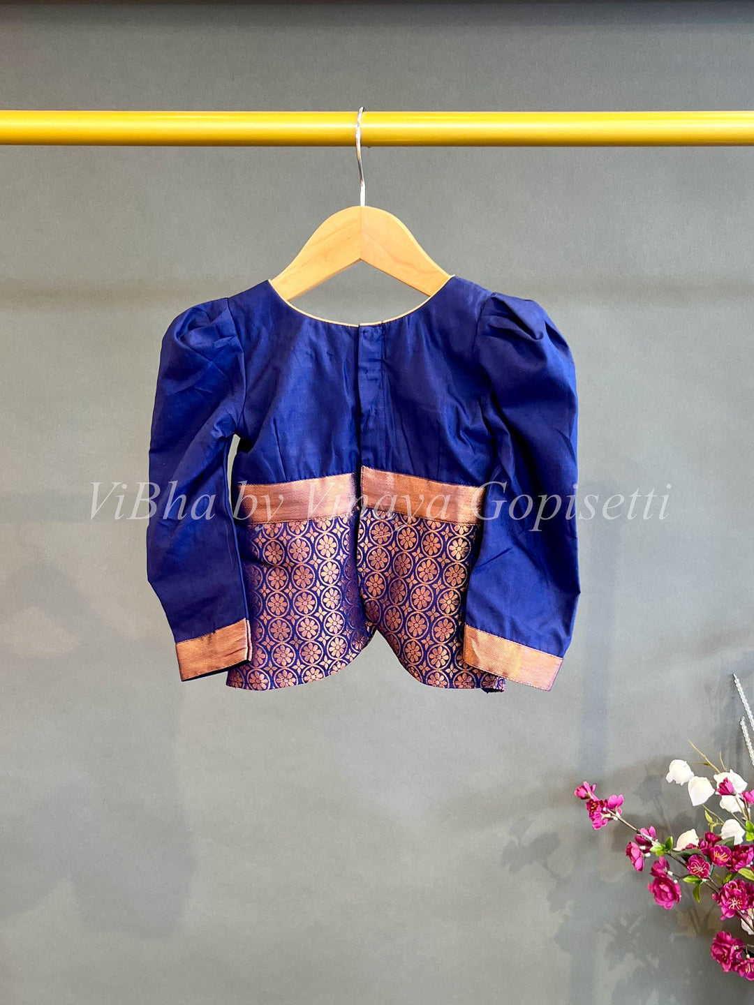 Kids Wear - Coral And Ink Blue Kanchi Silk Skirt And Top