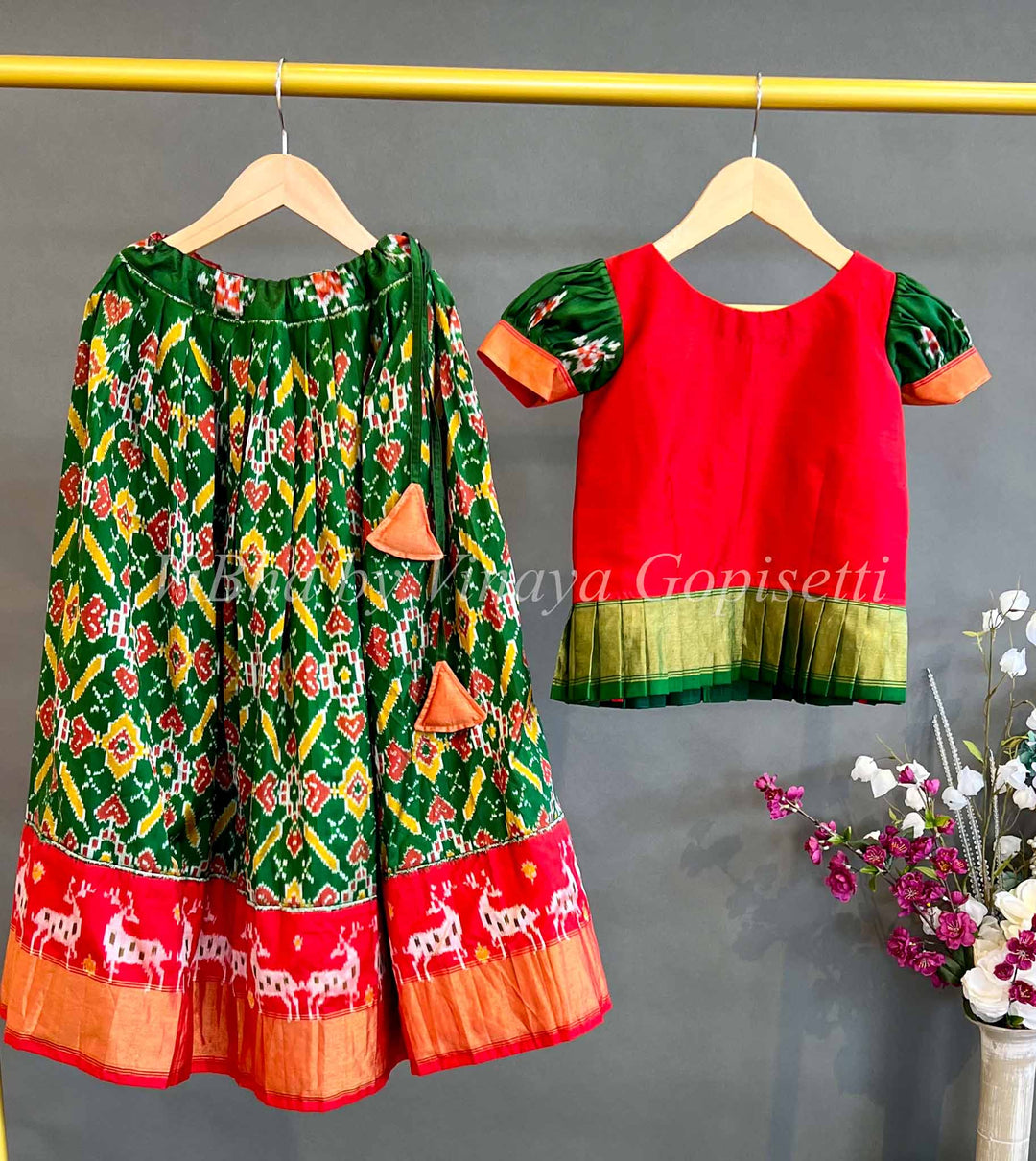 Kids Wear - Green And Red Ikkat Silk Skirt And Top