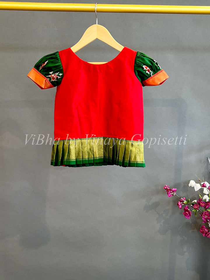 Kids Wear - Green And Red Ikkat Silk Skirt And Top