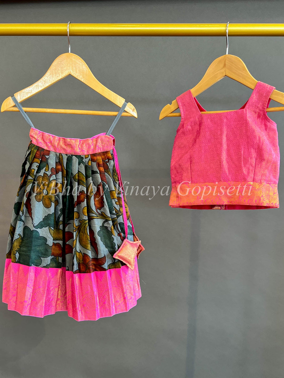 Kids Wear - Grey And Pink Kanchi Pen Kalamkari Skirt And Top
