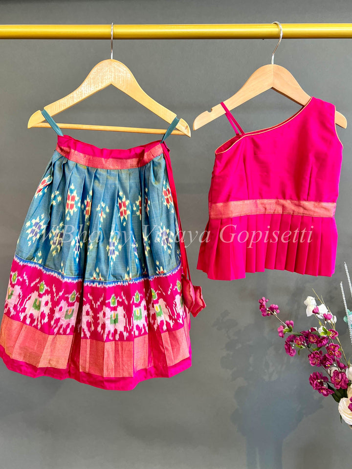 Kids Wear - Greyish Blue And Pink Ikkat Silk Skirt And Top