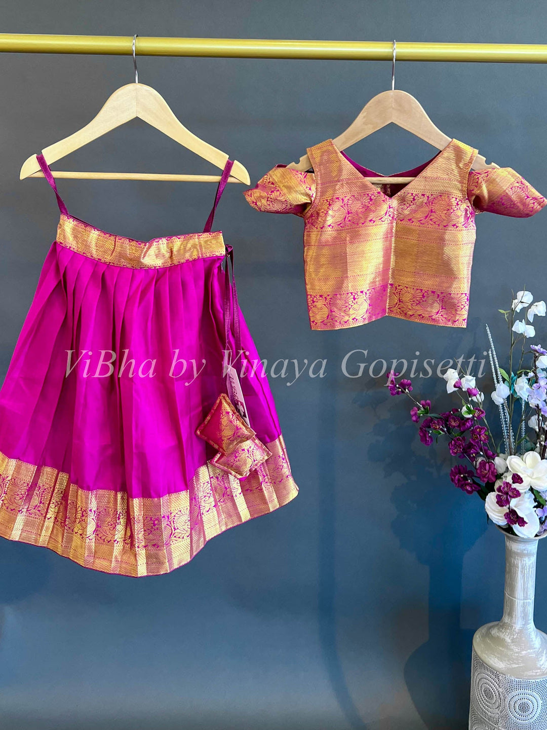 Kids Wear - Hot Pink Kanchi SIlk Skirt And Top