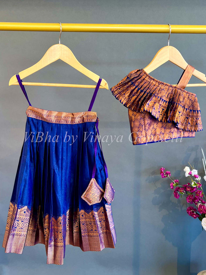 Kids Wear - Navy Blue Copper Zari Kanchi Silk Skirt And Top