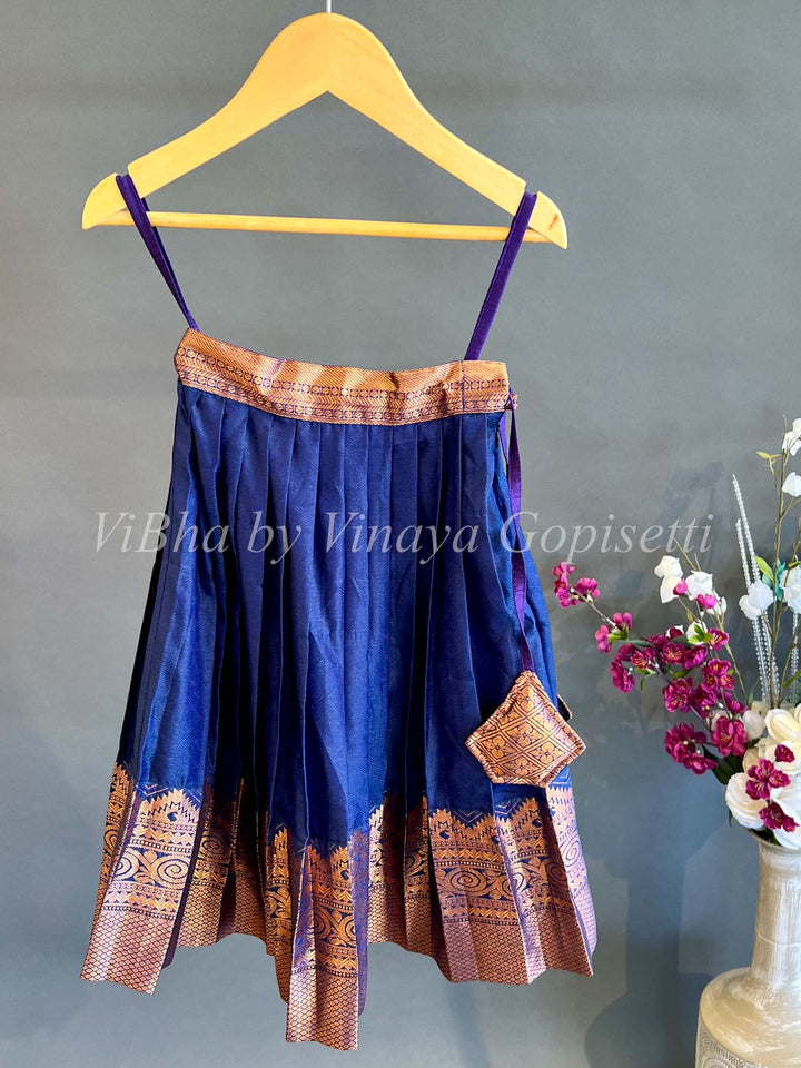 Kids Wear - Navy Blue Copper Zari Kanchi Silk Skirt And Top