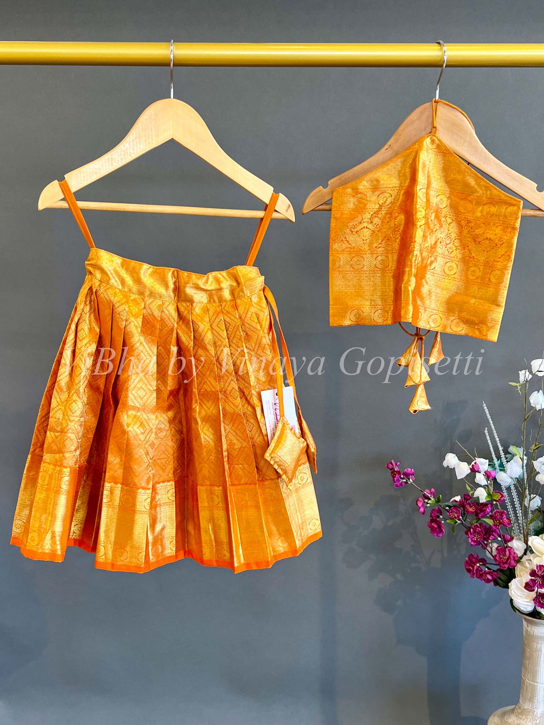 Kids Wear - Orange Tissue Kanchi Silk Skirt And Top